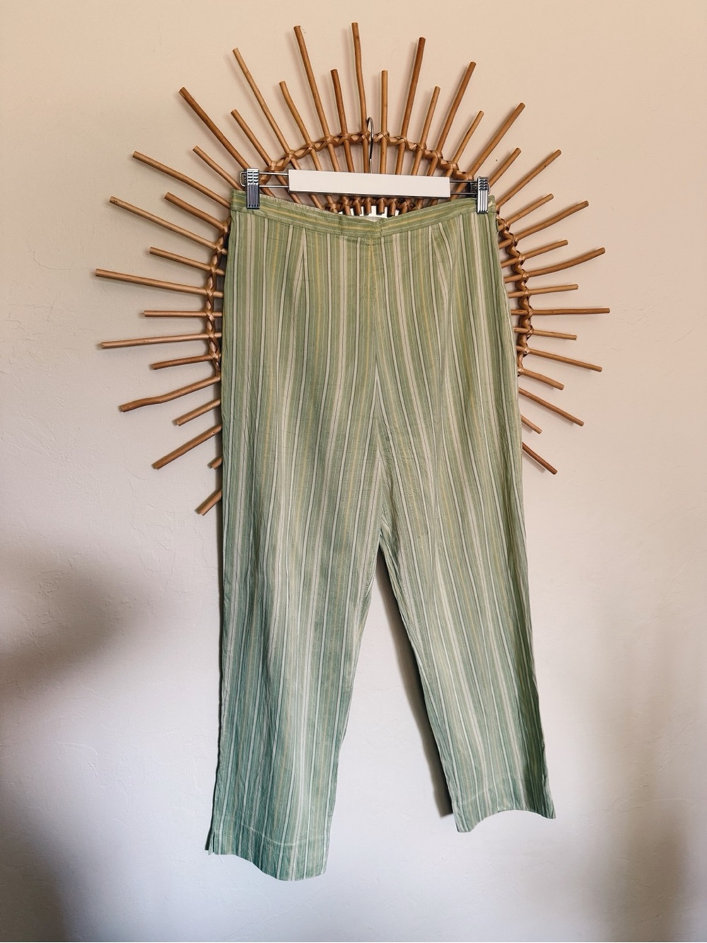 Silk Light Green Stripe Wide-Leg Women's Pants - Picture 5 of 8